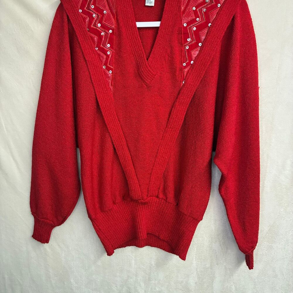 Vintage 80s Eric Steven Red Embellished‎ V-Neck Sweater Shawl Yoke Women’s M